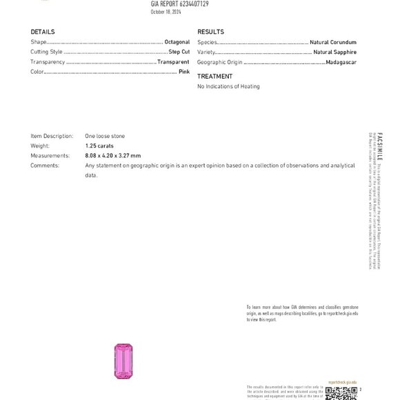 Emerald Natural Mined Loose Sapphire (1.25 Ct Pink Vs2) Gia C53000073 - Picture 5 of 6